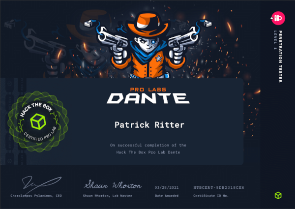 My Dante Pro Lab certificate - fancy artwork